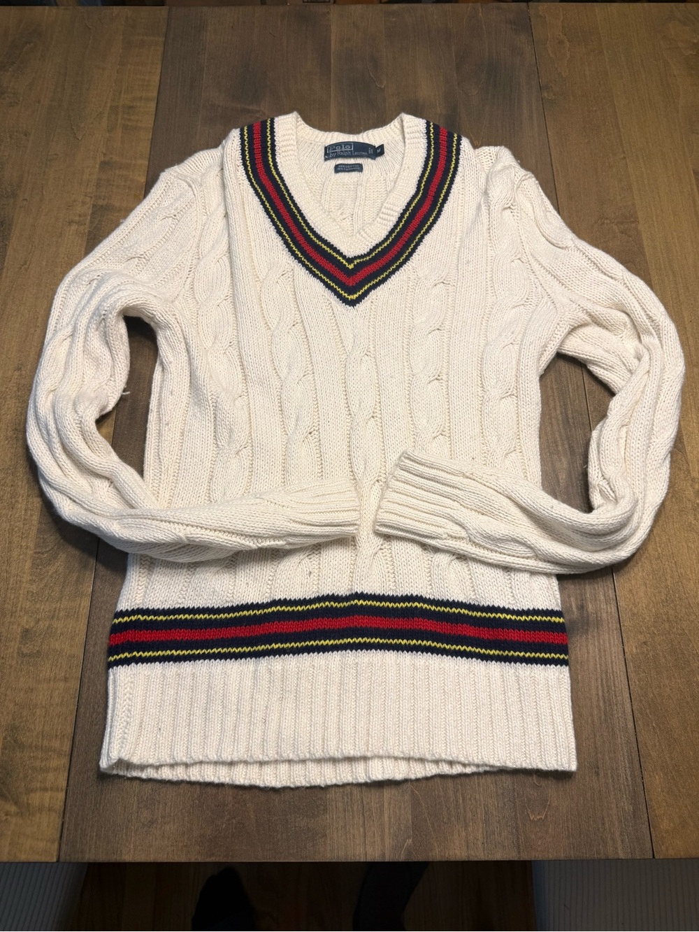 Polo by Ralph Lauren Men's Cream Cable Knit V-Neck Sweater with Stripe Trim